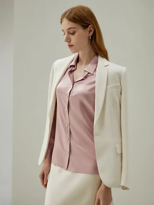 Camicia Seta Rosa Rosato Madreperla Elegante Lussuosa Morbida Charmeuse