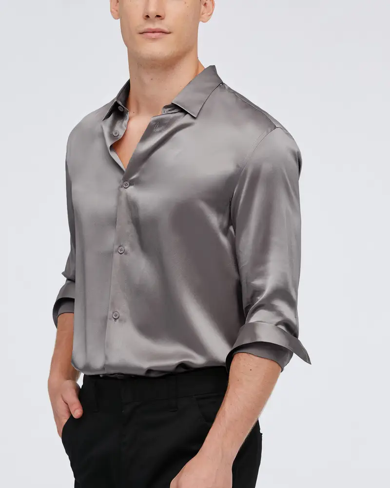 Camicia Seta Uomo Grigio Scuro Maniche Lunghe, Vestibilità Regolare Seta Delicato Sulla Pelle E Traspirante