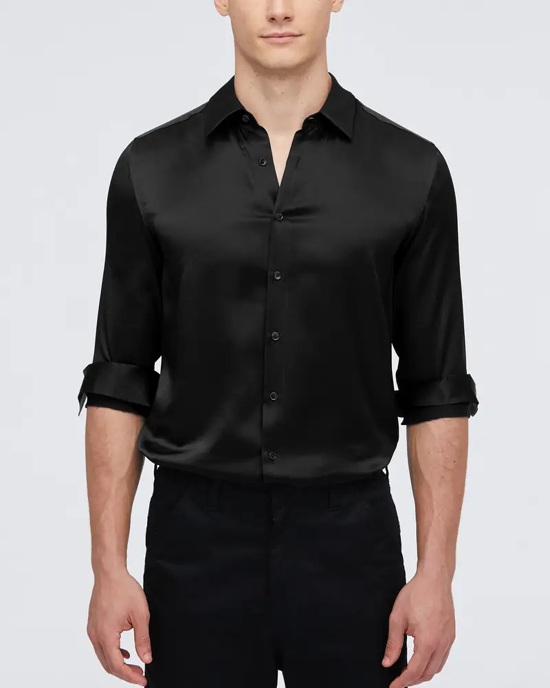 Camicia Seta Uomo Nero Vestibilità Regolare 100% Seta Perfettamente Adatto Per Clienti Con Le Pelli Sensibili