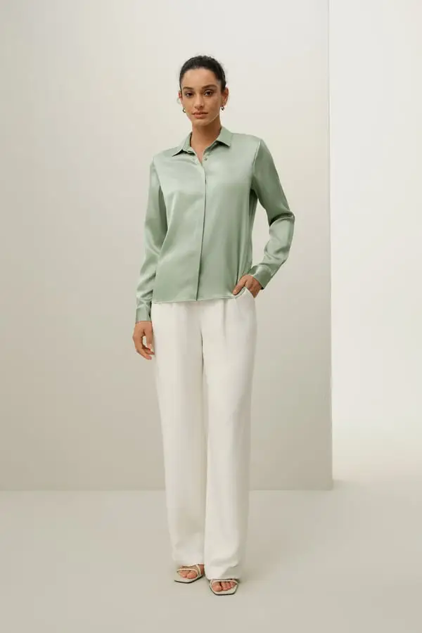 Camicia Seta Verde Acqua - Classica Elegante in Charmeuse, Morbida e Lucida