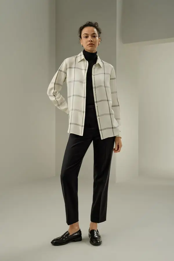 Camicia Seta Windowpane Elegante Twill Quadri Madreperla