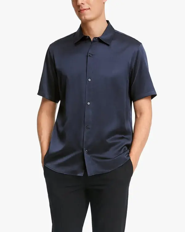 Camicia Uomo Elegante in Seta 22 Momme a Maniche Corte Blu-Marino