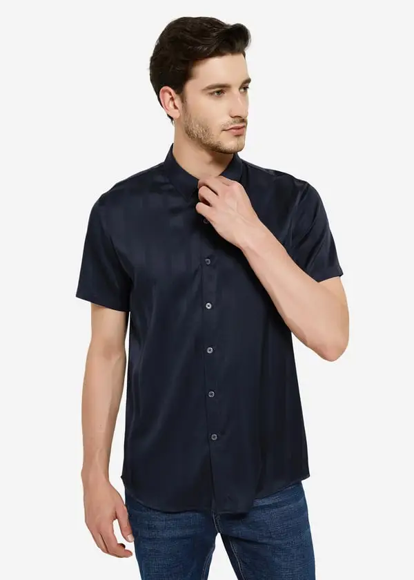 Camicia Uomo Elegante in Seta a Righe Jacquard, Morbida, Blu-Marino