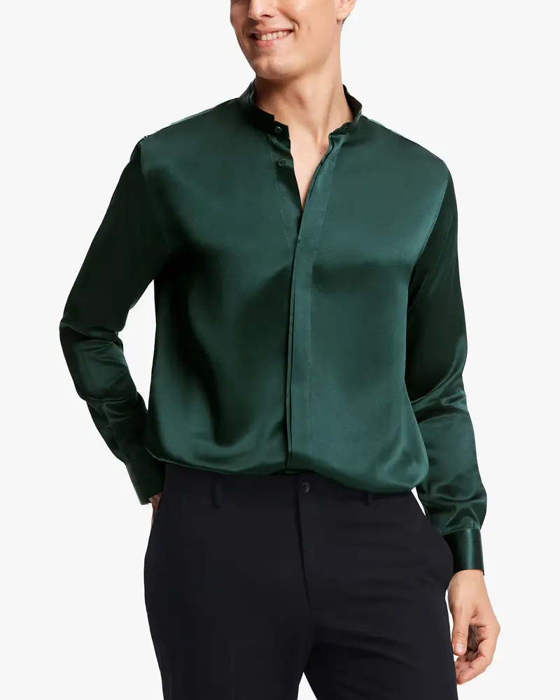 Camicia Uomo In Seta Abete Verde Pulsanti Nascosti, Vestibilità Regolare 100% Seta Pura Più Duraturo E Più Rispettoso Dell'Ambiente