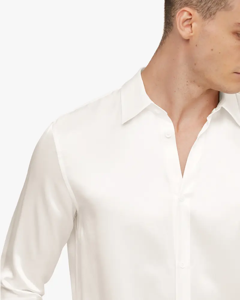 Camicia Uomo In Seta Bianco Naturale Vestibilità Regolare 100% Pura Seta Dermocompatibile E Traspirante