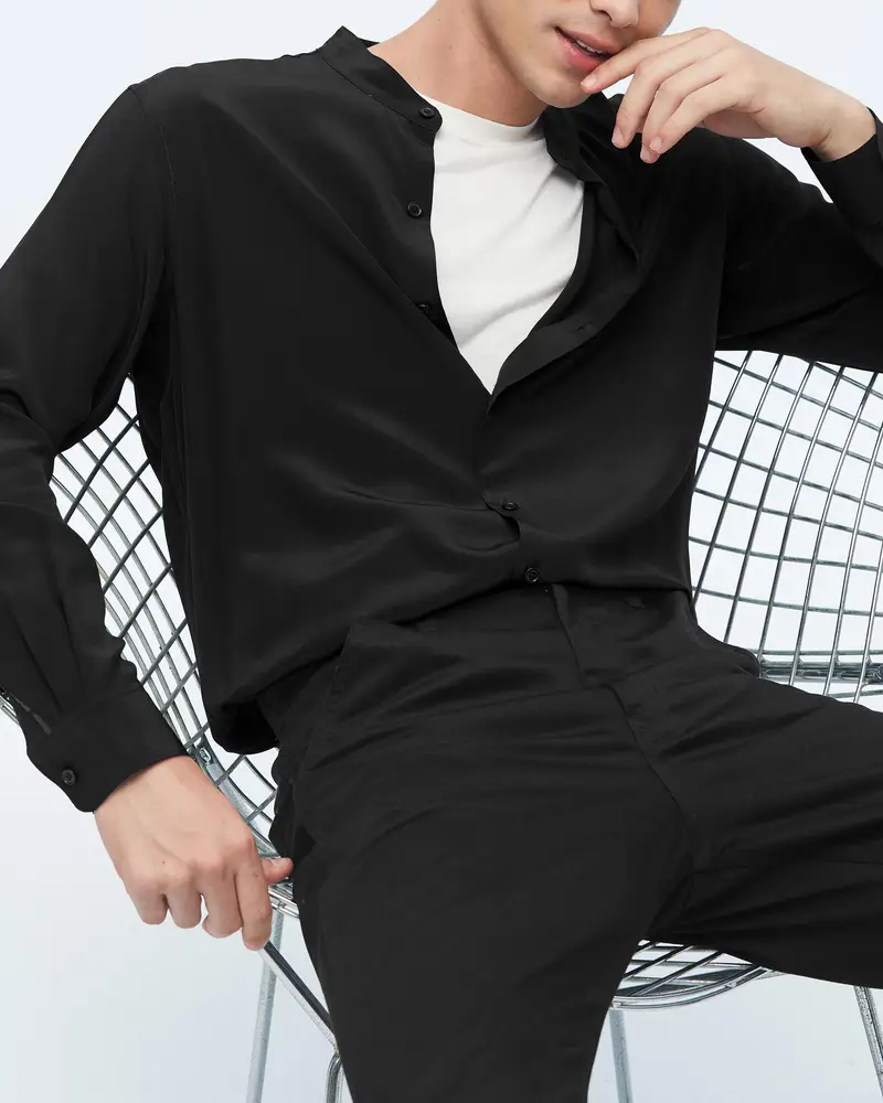 Camicia Uomo In Seta Nero Collo Alto, Bottone In Madreperla 100% Seta Di Gelso Buona Qualità, Lavabile In Lavatrice