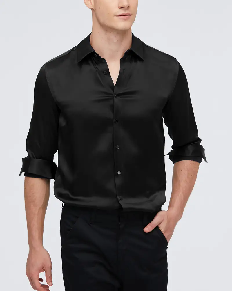 Camicia Uomo In Seta Nero Versatile, Design Più Classici 100% Seta Naturale Buona Qualità, Lavabile In Lavatrice