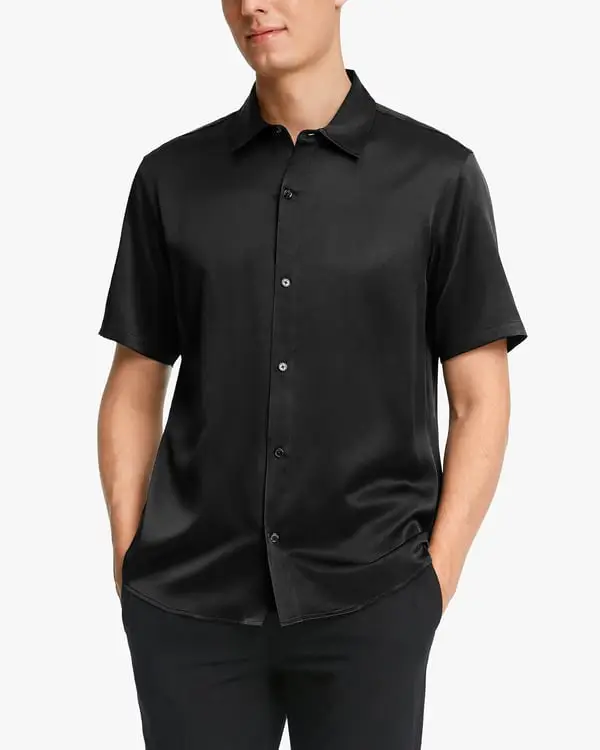 Camicia Uomo Lusso in Seta 22 Momme Maniche Corte Elegante Nero
