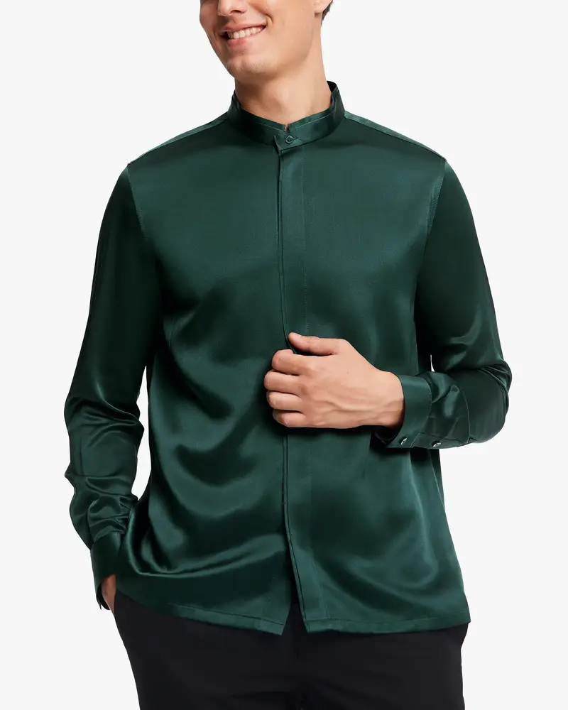 Camicia Uomo Seta Abete Verde Colletto Rialzato, Vestibilità Regolare Seta Delicato Per La Pelle E Traspirante