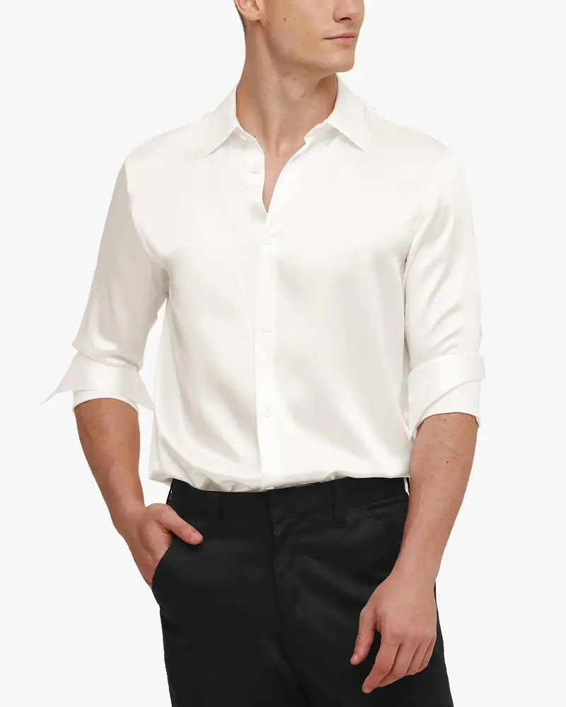 Camicia Uomo Seta Bianco Naturale Versatile, Maniche Lunghe 100% Seta Buona Qualità, Lavabile In Lavatrice