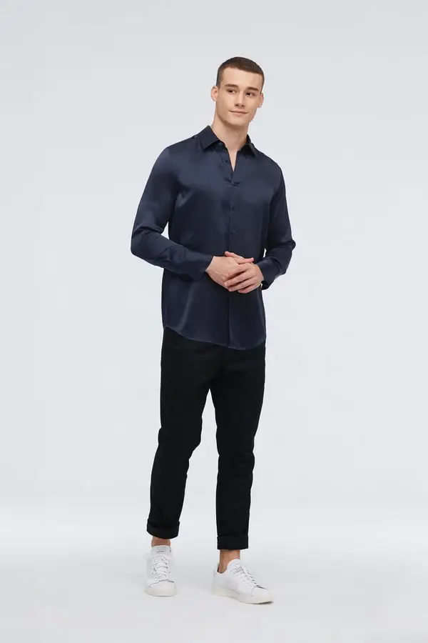 Camicia Uomo Seta Blu-Marino Maniche Lunghe 100% Seta Mulberry Elegante e Confortevole