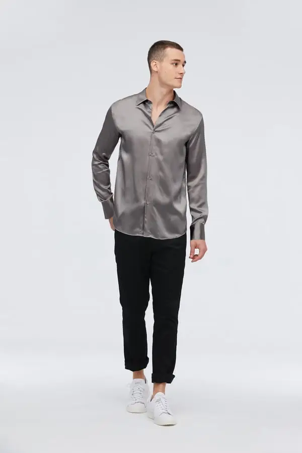 Camicia Uomo Seta Naturale Maniche Lunghe Vestibilità Regolare Grigio Grigio scuro