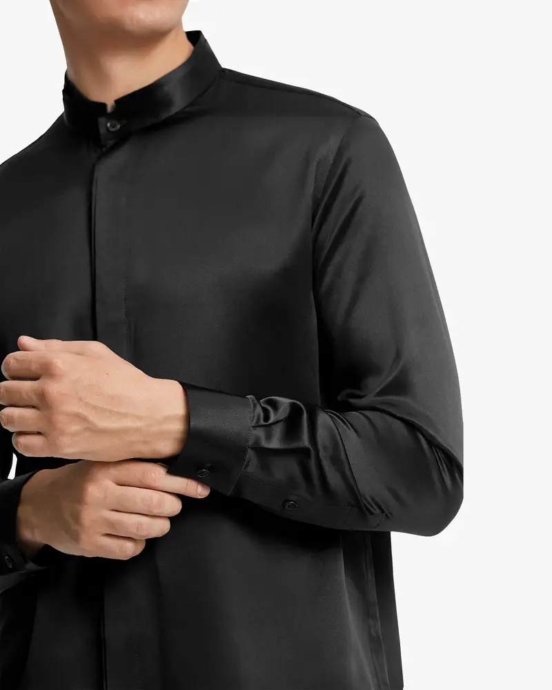 Camicia Uomo Seta Nero Colletto Rialzato, Pulsanti Nascosti 100% Seta Di Gelso Buon Valore, Rispettoso Della Pelle