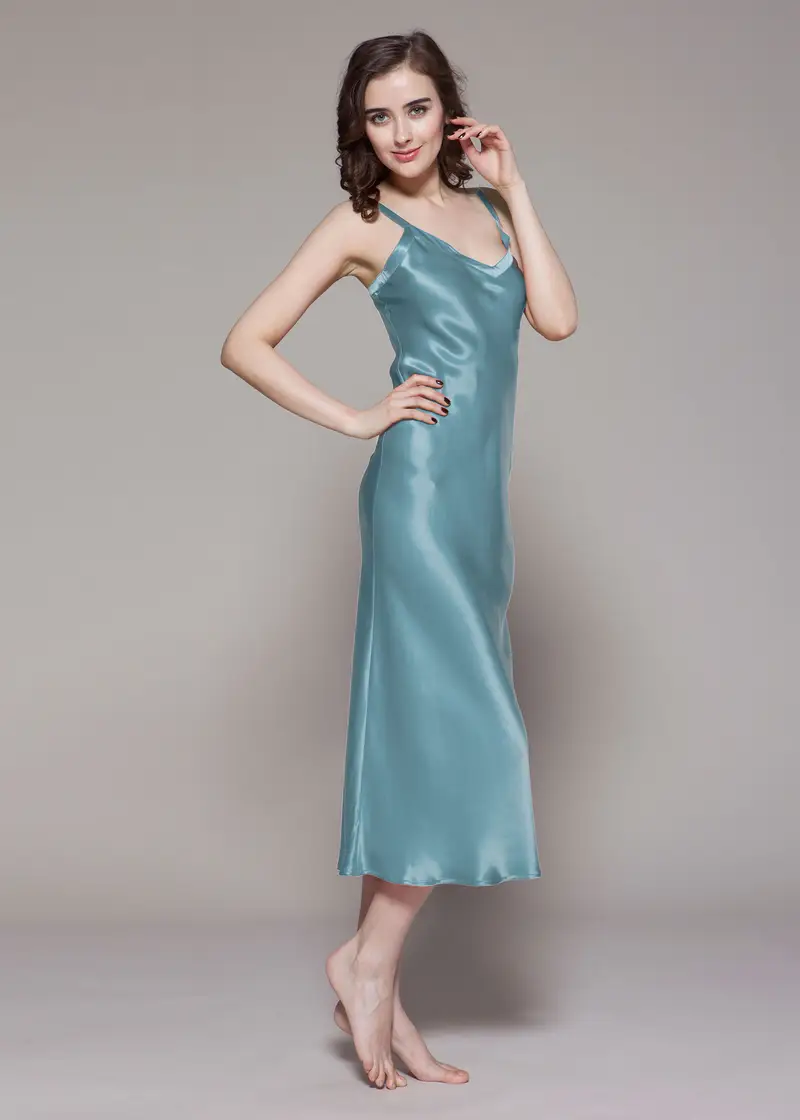 Camicie Da Notte Seta Azzurro Charmeuse Di Seta Liscia Brillante Lunghezza Midi Freschezza Comodo E Amichevole Blu