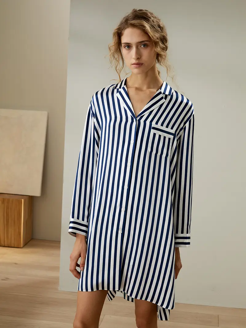Camicie Da Notte Seta Banda 100% Seta Naturale Pacchetto Regalo Semplicità Seta Lavabile Righe Classiche Gessati blu