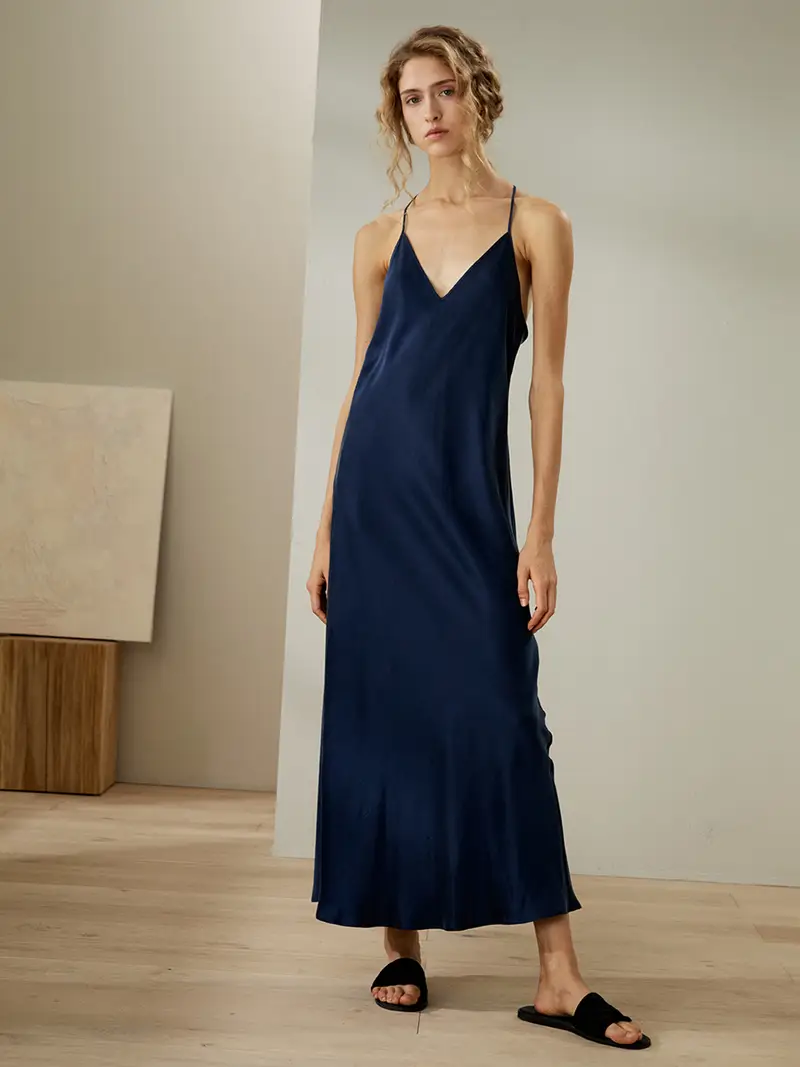 Camicie Da Notte Seta Blu Scuro 100 Pura Seta Trattiene L'Umidità Affascinante Lucido Adatto Per La Casa E Il Tempo Libero