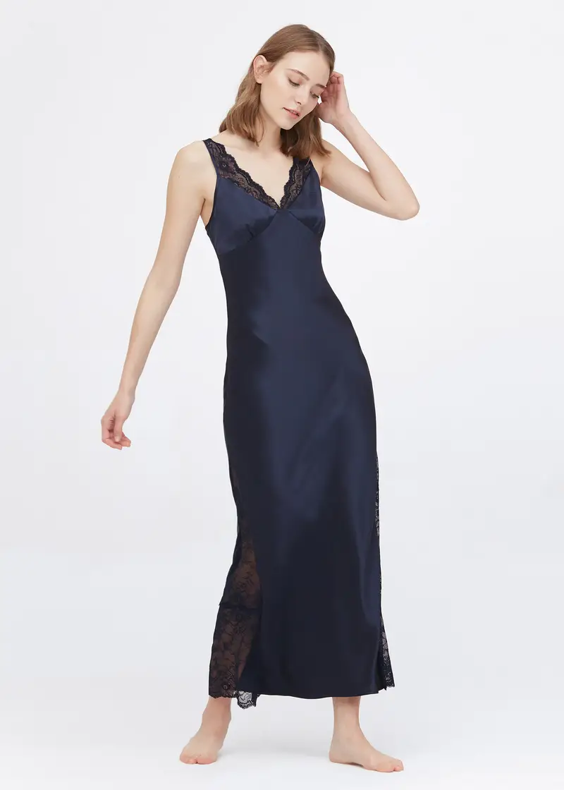 Camicie Da Notte Seta Blu Scuro Charmeuse Di Seta Finitura In Pizzo Lussuosa Resistente All'Usura Uno Stile Unico