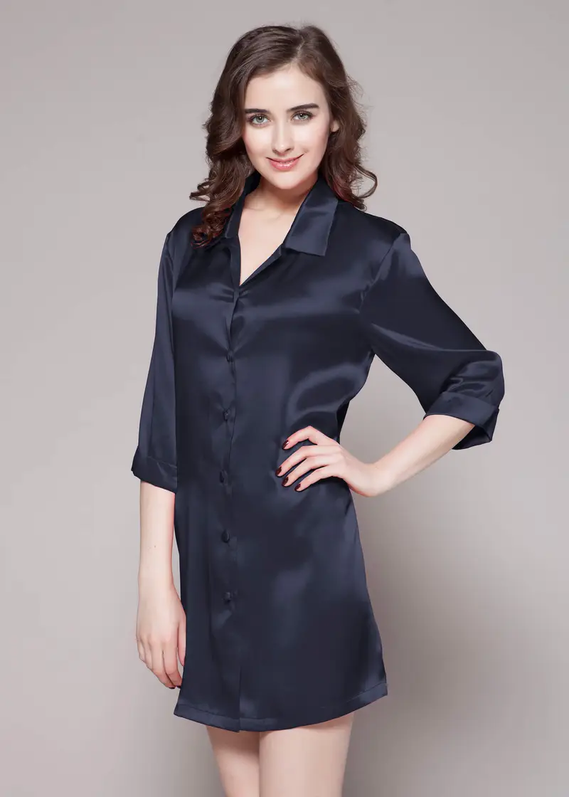 Camicie Da Notte Seta Blu Scuro Seta Charmeuse Allegri E Traspiranti Freschezza Colletto Della Camicia Affascinante Perfettamente Carina