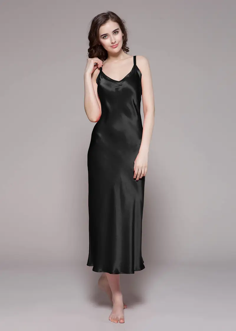 Camicie Da Notte Seta Nero Seta Morbida Brillante Tinta Unita Senza Maniche Elegante