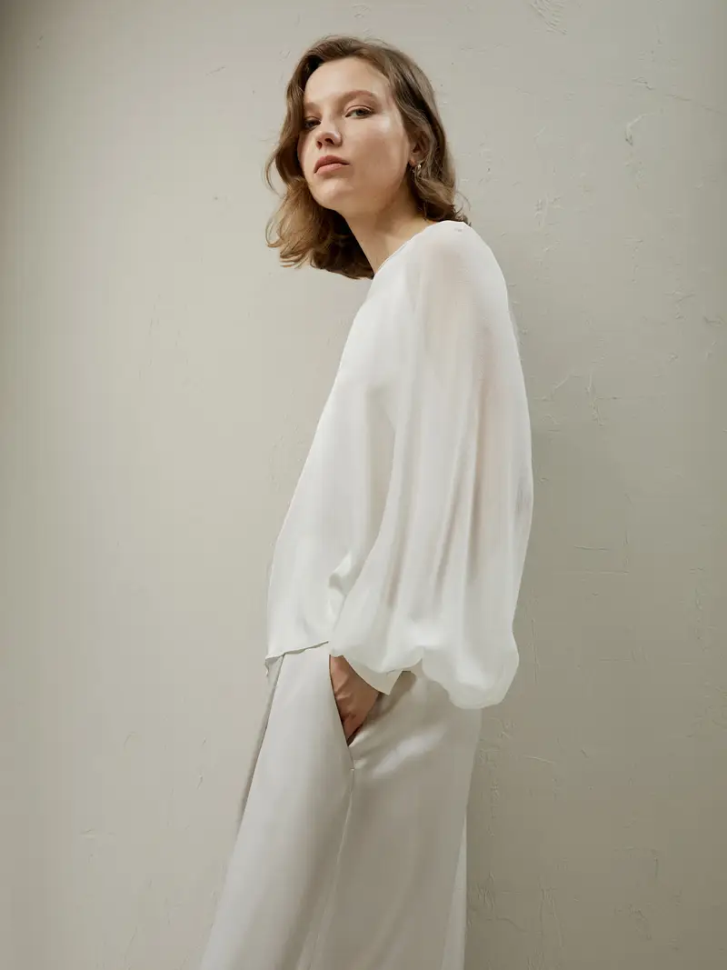 Camicie Donne Eleganti Seta Bianco Fumo Maniche Raglan E Lunghe A Palloncino Elegante E Glamour Morbido Ed Elastico