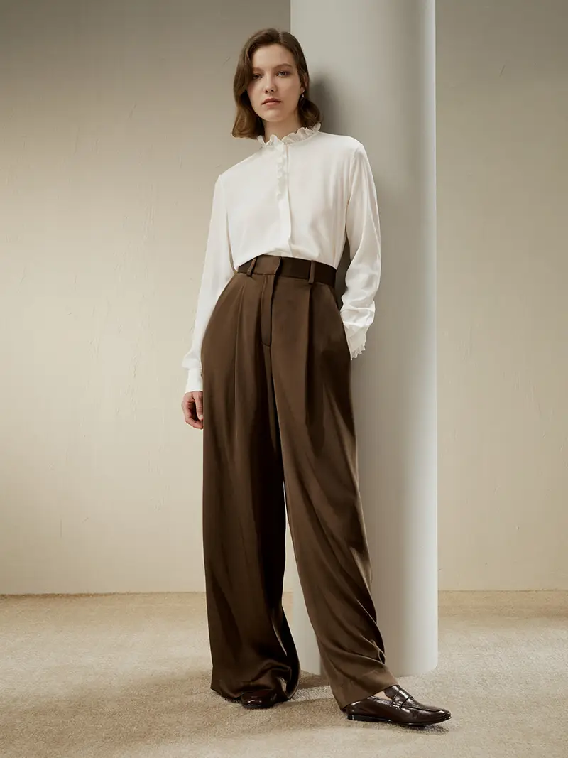 Camicie Donne Eleganti Seta Bianco Fumo Volant Su Collo E Polsini Crepe De Chine Leggero E Resistente Morbido Ed Elastico