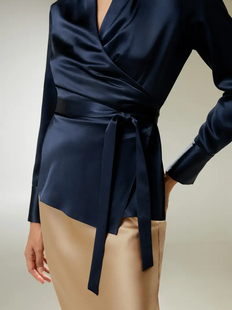 Camicie Donne Eleganti Seta Blu-Marino Cintura Incorporata In Vita 100% Seta Naturale Più Duraturo E Più Rispettoso Dell'Ambiente