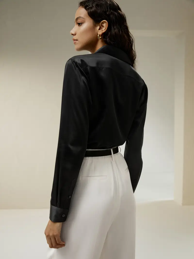 Camicie Donne Eleganti Seta Nero Collo Di Camicia Di Base 100% Pura Seta Più Duraturo E Più Rispettoso Dell'Ambiente