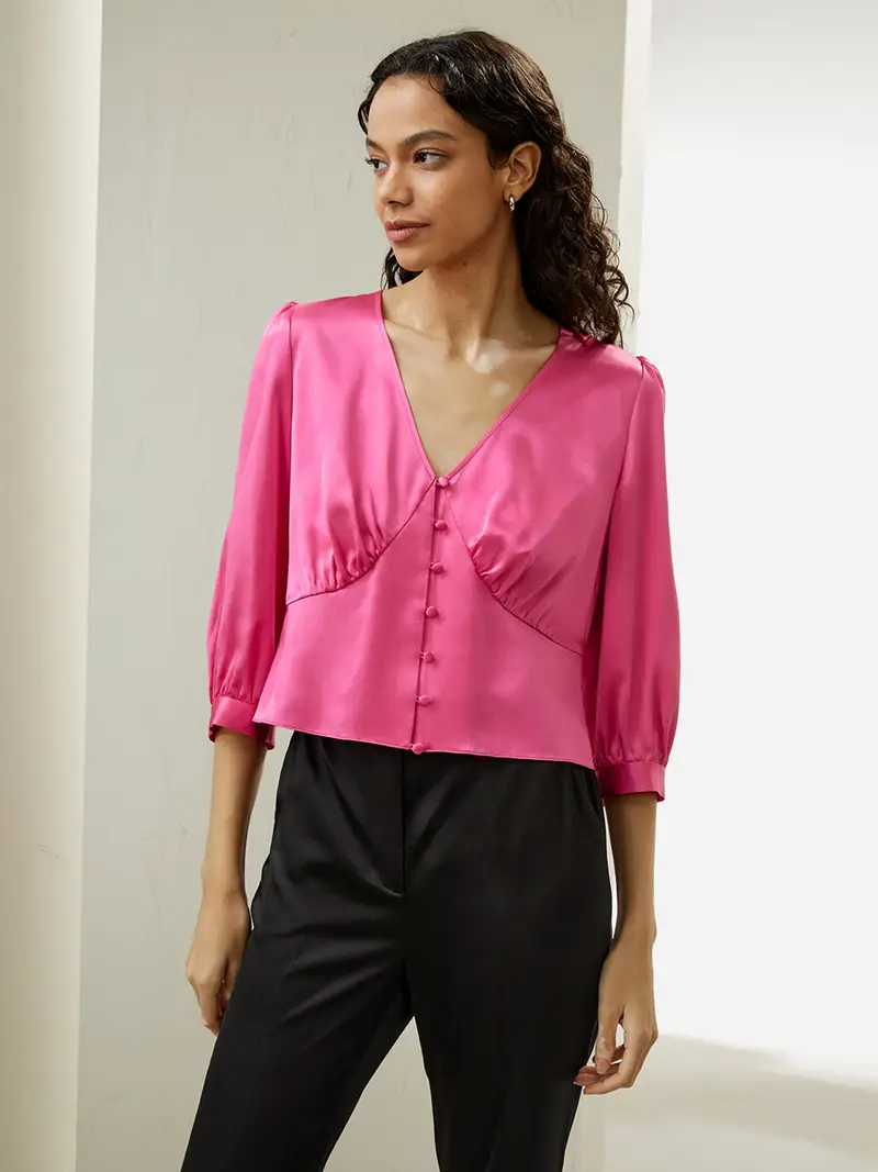 Camicie Donne Eleganti Seta Scollatura A Cuore 100% Seta Naturale Confort Di Lusso E Vestibilità Fluid Rosa