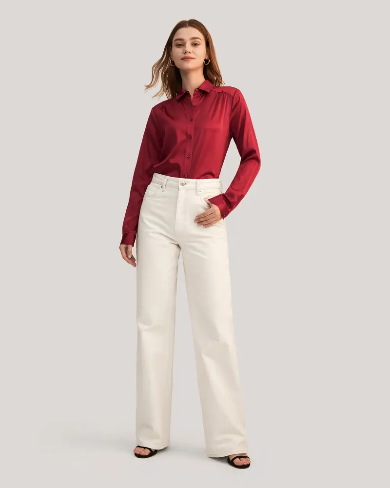 Camicie Donne Eleganti Seta Violetto Rosso Orlo Curvo, Senza Rughe Seta Di Gelso Più Duraturo E Più Rispettoso Dell'Ambiente