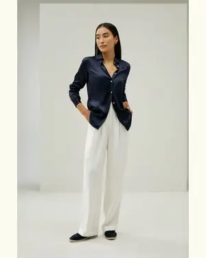 Camicie Seta Camicia Di Seta Con Bottoni Eleganti100% Seta Charmeuse 100% Seta Charmeuse Adatto Per Lavoro E Affari Blu-Marino