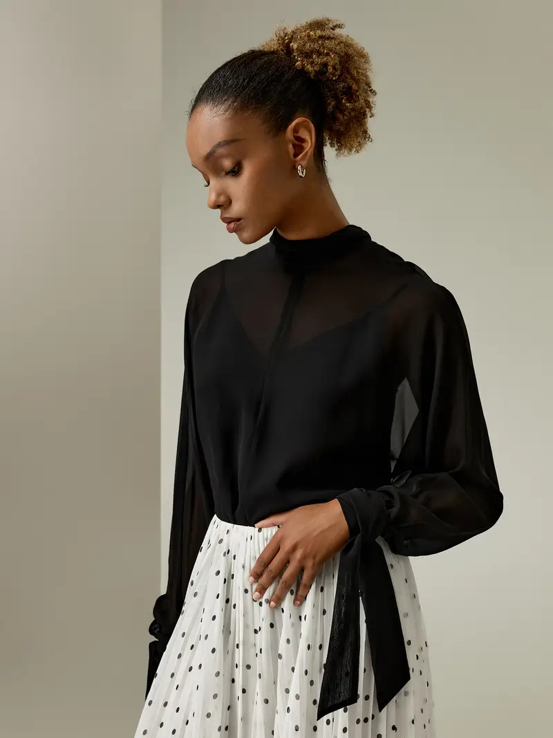 Camicie Seta Maniche A Pipistrellovestibilità Regolarecrepe De Chine Di Seta Crepe De Chine Di Seta Traspirante Superleggero Nero