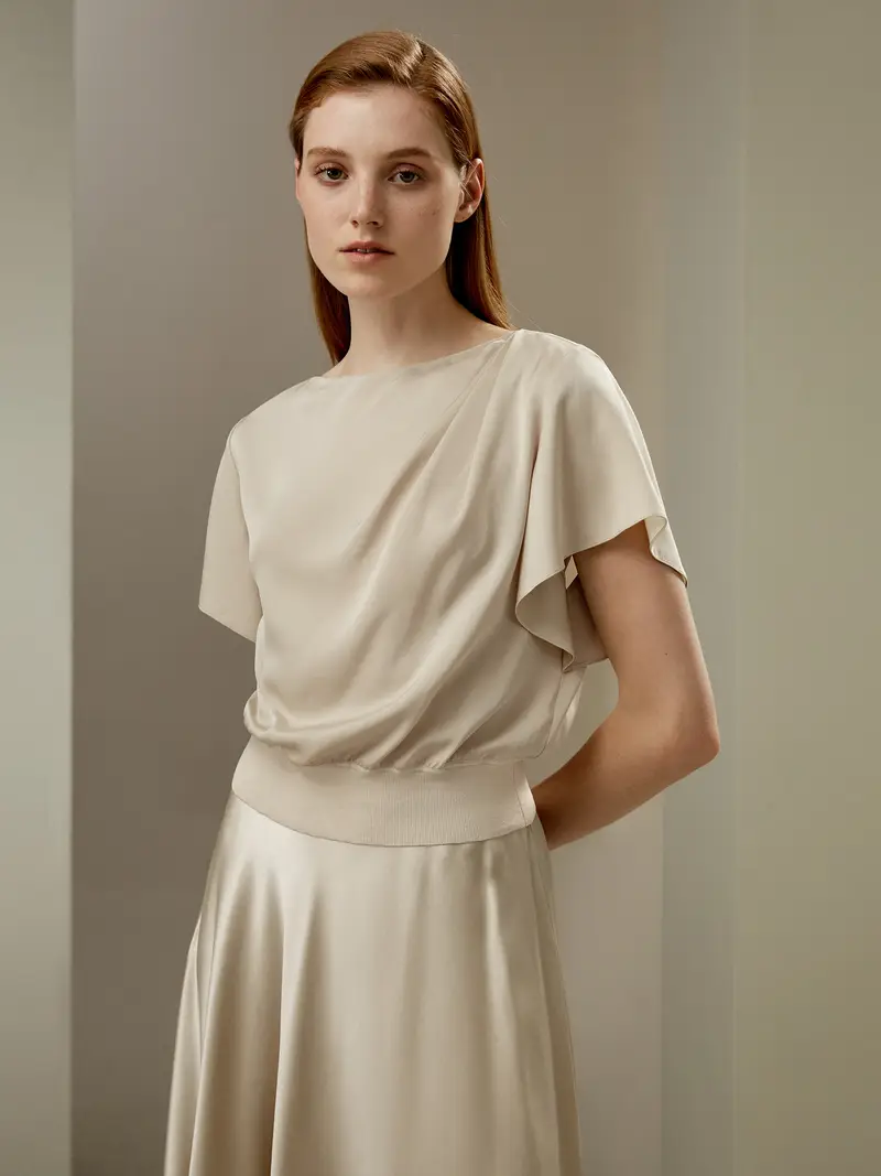 Camicie Seta Maniche Corte A Pipistrello Increspate Adatta A Tutti I Tipi Di Fisico Vestibilità Regolare Crema