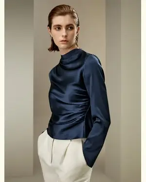 Camicie Seta Maniche Lungheonda Obliquaseta Charmeuse Seta Charmeuse Semplice Ma Raffinato Adatto A Molteplici Occasioni Blu-Marino