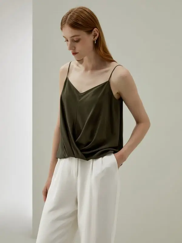 Canotta Crêpe de Chine Elegante Spalline Sottili Verde Olivia