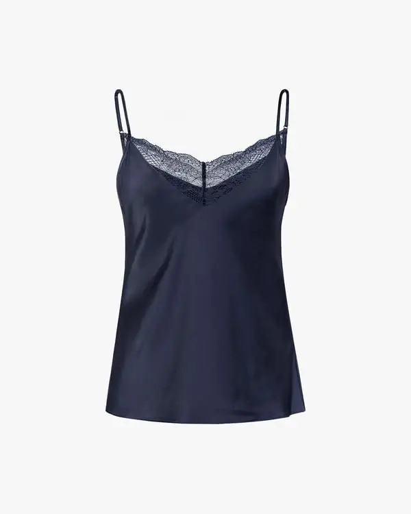 Canotta In Seta Donna Blu-Marino Scollo A V Con Pizzo Charmeuse Seta Perfettamente Adatto Per Clienti Con Le Pelli Sensibili