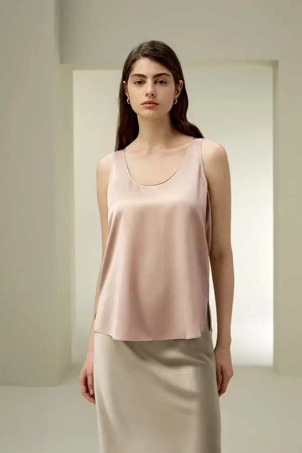 Canotta Seta Donna Elegante Charmeuse Beige Chiaro