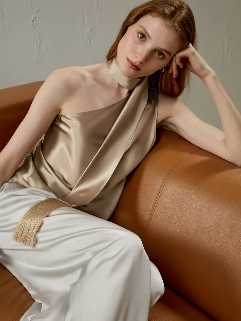 Canotte In Seta Bronzo Bretelle Con Nappe Intorno Al Collo Sciarpa Di Seta Watershine Adatto A Tutte Le Stagioni