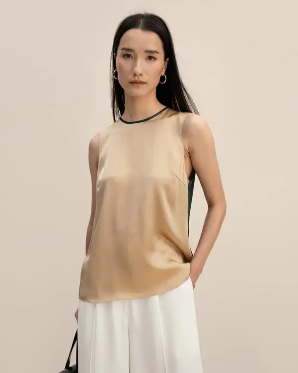 Canotte In Seta Cammello & Verde Colore A Contrasto, Senza Maniche Seta Naturale Perfettamente Adatto Per Clienti Con Le Pelli Sensibili Cammello Chiaro & Verde abete
