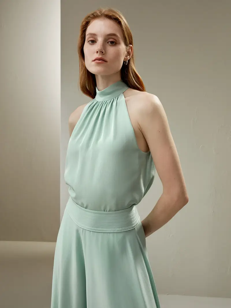 Canotte In Seta Menta Verde Pieghe Sulla Scollatura 100% Seta Naturale Leggero E Resistente Alle Pieghe