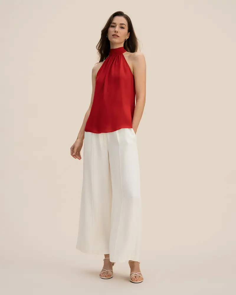 Canotte In Seta Rosso Melograno Collo All'Americana Georgette 10 Momme Perfettamente Adatto Per Clienti Con Le Pelli Sensibili