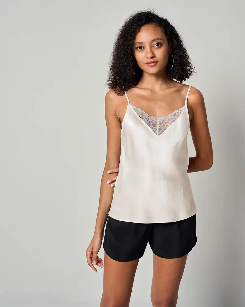 Canottiere Di Seta Bianco Scollo A V Con Pizzo 100% Seta Di Gelso Buon Valore, Rispettoso Della Pelle