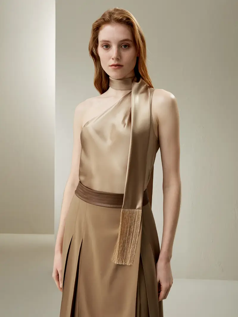 Canottiere Di Seta Bronzo Cinturini Con Nappe Intorno Al Collo Sciarpa Di Seta Watershine Privo Di Sostanze Chimiche Nocive