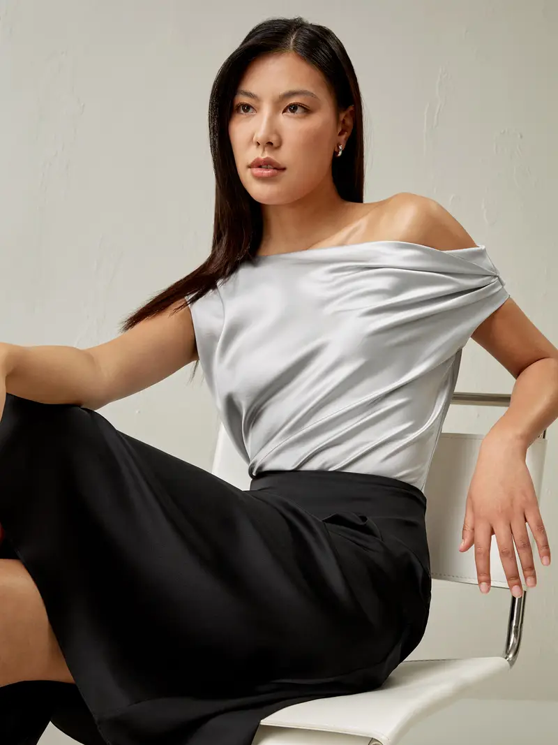 Canottiere Di Seta Grigio Argento Collana Cowl Senza Maniche 100% Seta Pura Rispettoso Della Pelle E Traspirante