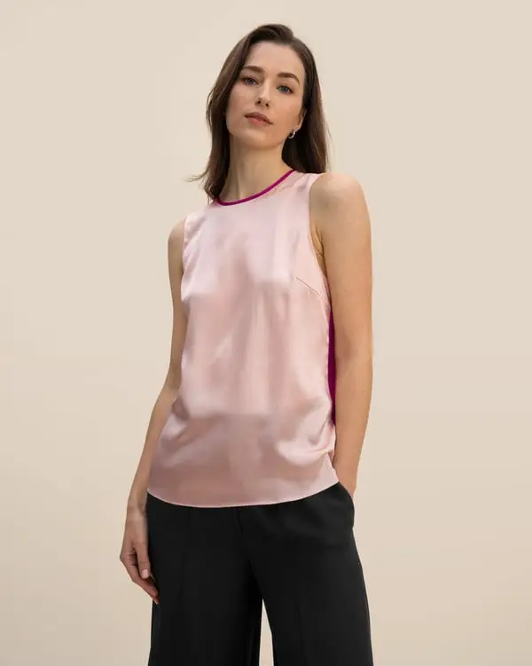 Canottiere Di Seta Rosa & Rosso Colore A Contrasto, Senza Maniche 100% Seta Di Gelso Buon Valore, Rispettoso Della Pelle Primo Blush & Rosso Fucsia