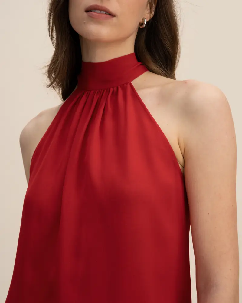 Canottiere Di Seta Rosso Melograno Collo All'Americana, Vestibilità Morbida Georgette 10 Momme Buona Qualità, Lavabile In Lavatrice