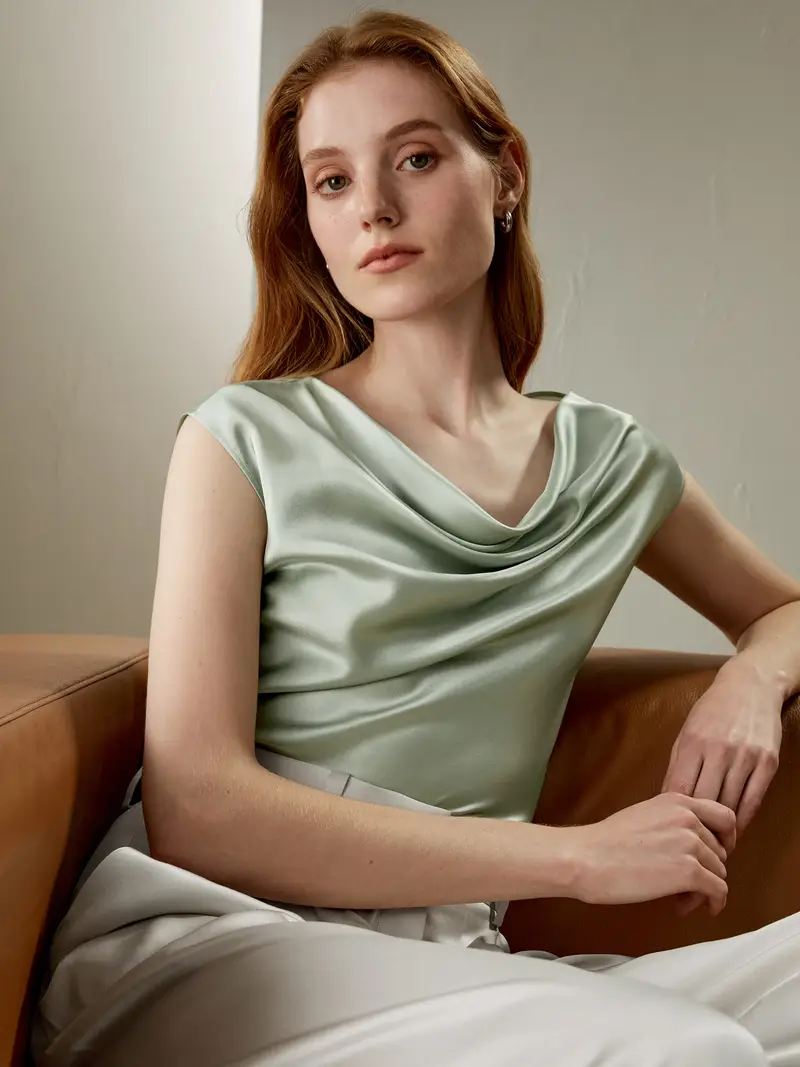 Canottiere Di Seta Verde Acqua Collo Rotondo Senza Maniche Sciarpa Di Seta Privi Di Sostanze Chimiche Nocive