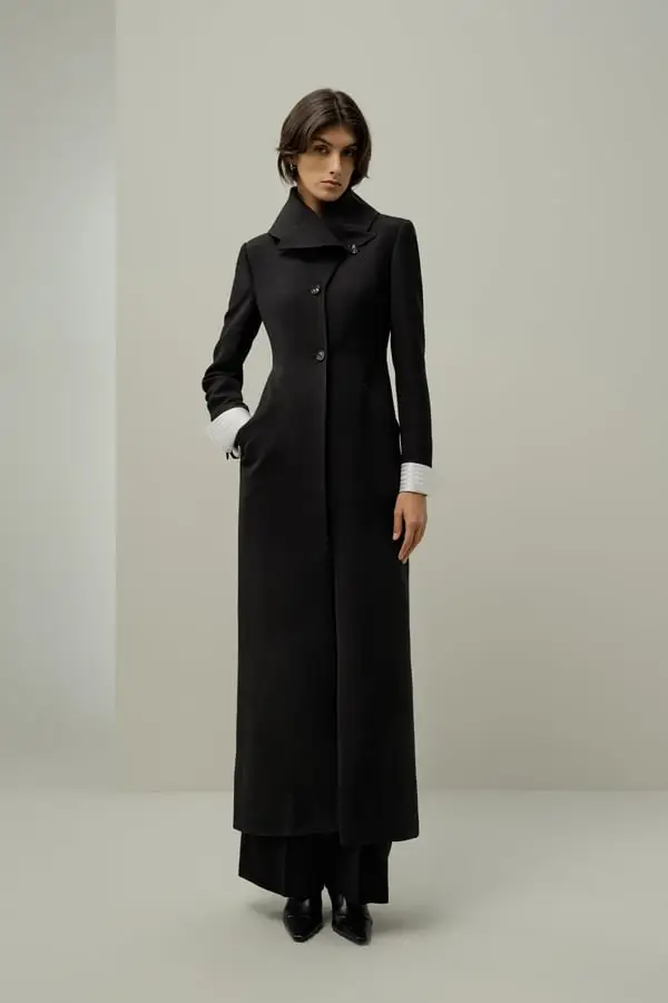 Cappotto Donna Invernale in Crepe di Seta e Lana Elegante Slim Nero