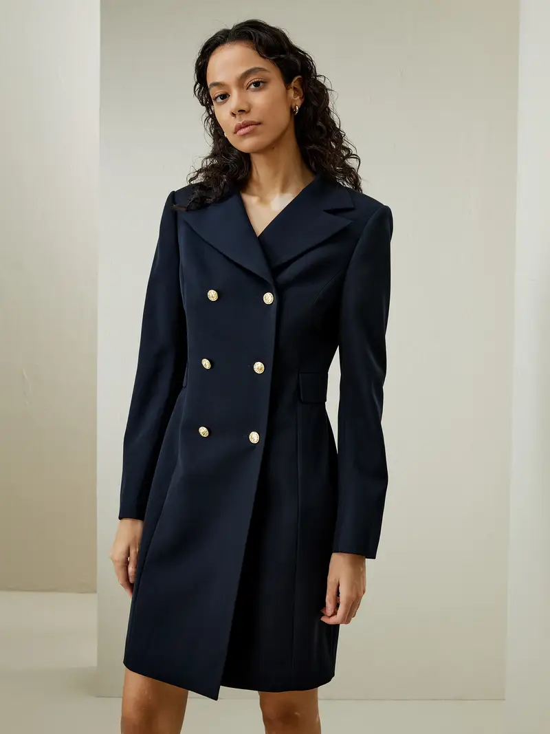 Cappotto Donna Tessuto Twill Di Lana Pettinata 16Mm Raso Jacquard Elegante E Raffinata Blu Scuro