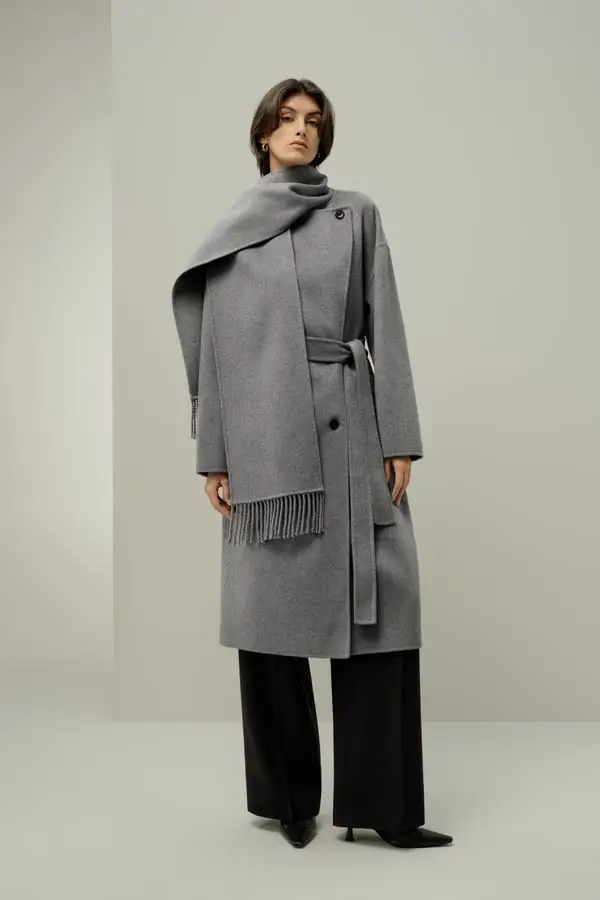 Cappotto Lana Oversize Grigio Medio - Elegante Collo Sciarpa, Design Doppio Spalto