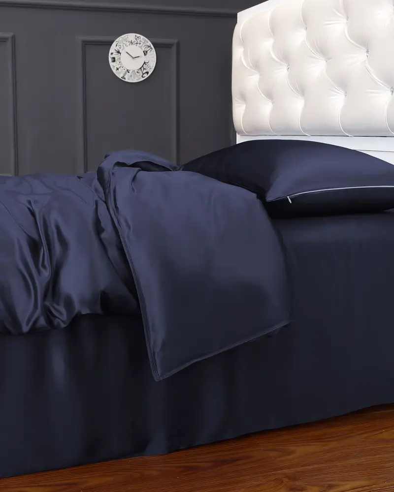 Copripiumino Di Seta Blu-Marino Senza Cuciture, Cerniera Nascosta 100% Seta Naturale Previene Le Rughe Per Un Sonno Migliore